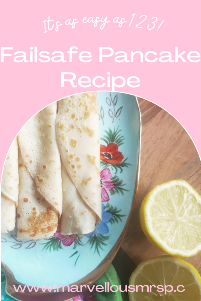 Pinterest pin with simple crepe style pancake on vintage china with lemon